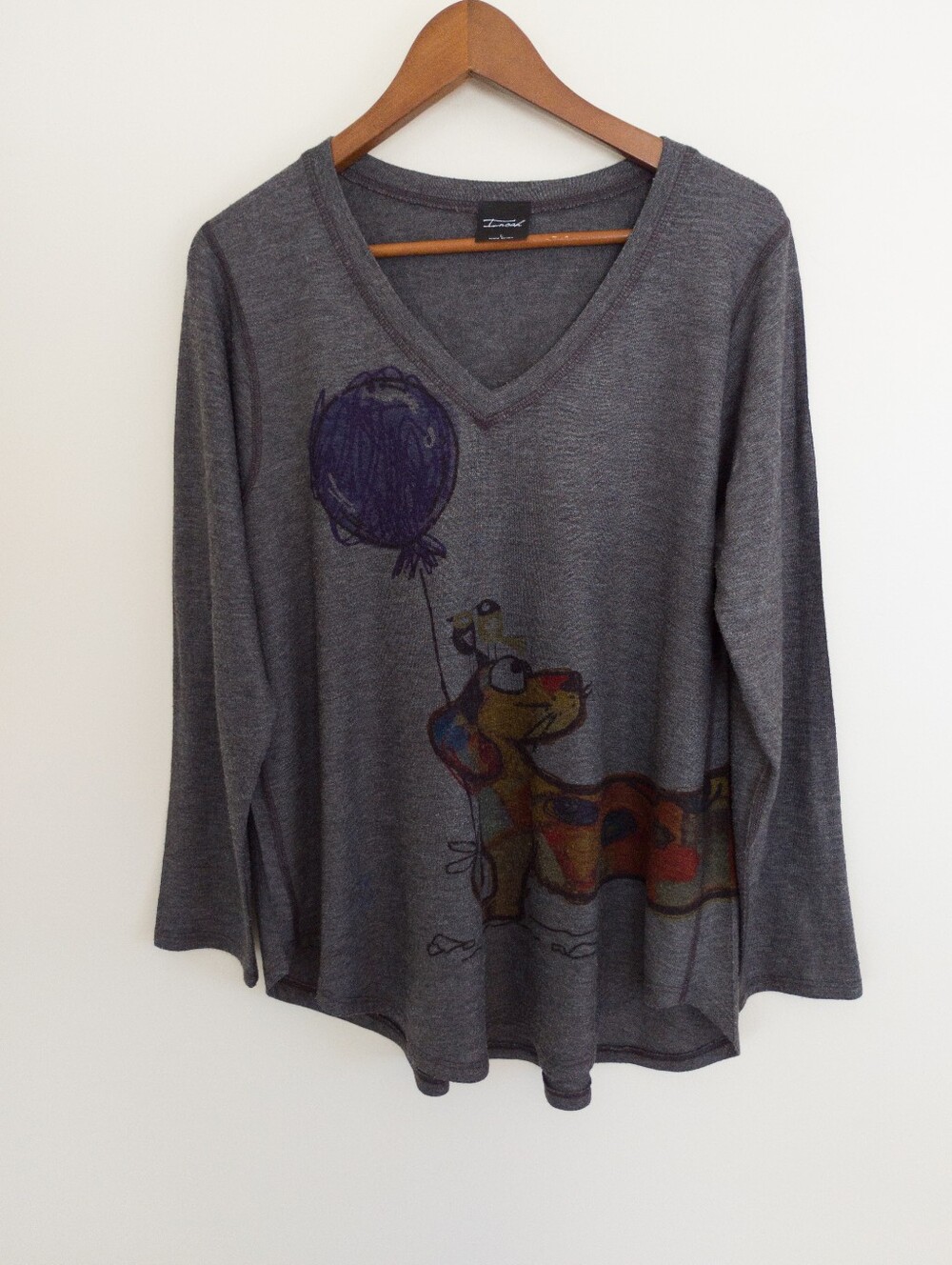 Inoah Charcoal Gray Whimsical Dog Balloon V-Neck Long Sleeve Top Large